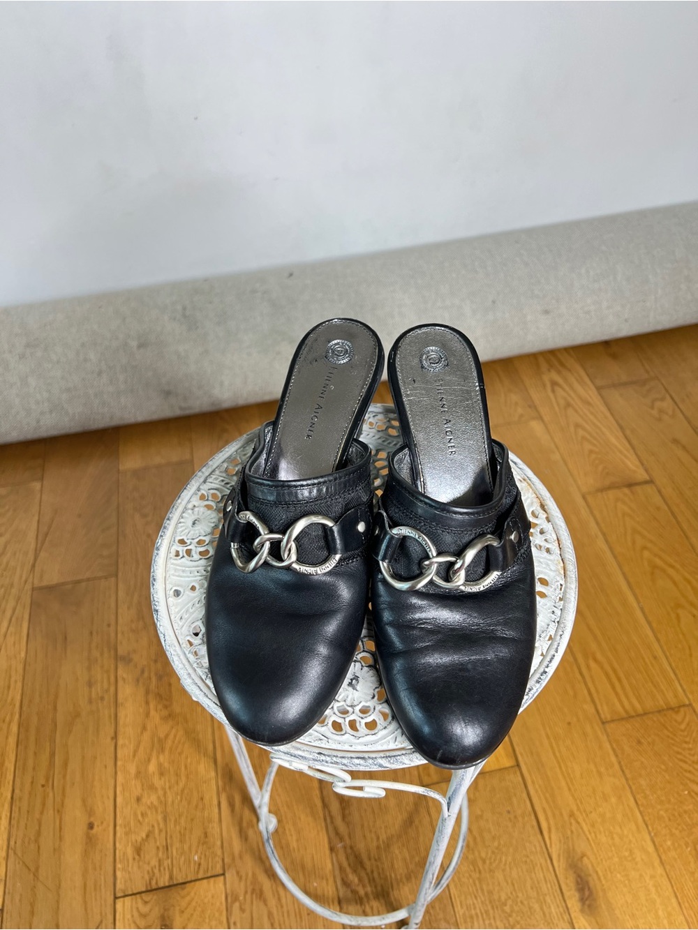 Etienne Aigner Black Leather Mule with Silver Link Hardware